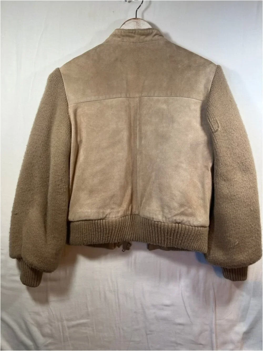 Vintage Noroic Knit Bomber Jacket Tan Pigskin Leather Faux‎ Shearling Lined